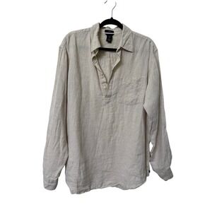 Y2K Gap Mens 100% Linen Popover Shirt M Oatmeal Beige Long Sleeve Henley Pocket